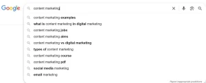 Screenshot of Google autocomplete suggestions for 'content marketing', displaying keyword variations and related search terms