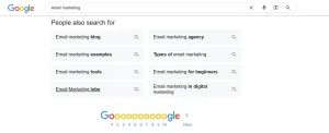 Screenshot of Google’s “People also search for” suggestions related to the query 'email marketing', showing semantically connected topics.
