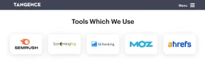 Tangence India’s SEO tools stack featuring SEMrush, Screaming Frog, SE Ranking, Moz, and Ahrefs logos.