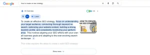 Google AI Overview explaining how to create an SEO strategy, highlighting audience research, keyword optimization, backlink building, and performance monitoring
