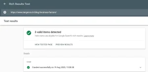 Google Rich Results Test showing valid schema markup for SEO with three detected items eligible for rich snippets.