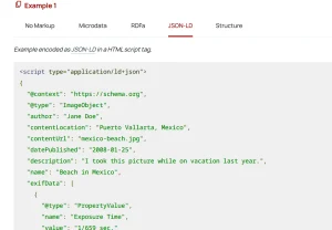Example of JSON-LD schema markup for SEO using ImageObject with author, location, and metadata details.