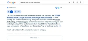 Example of Google Search Generative Experience powered by large language models in SEO, showing AI-generated results for best SEO tools.