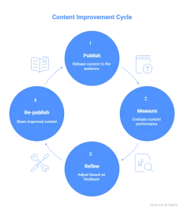 Search intent content optimization cycle showing publish, measure, refine, and re-publish steps.