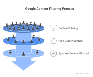 Google content filtering process diagram illustrating how the Google August 2025 Spam Update blocks spammy content while rewarding high-quality content.
