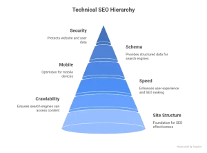 Technical SEO basics explained through a visual hierarchy pyramid showing key elements like site structure, crawlability, mobile optimization, speed, schema, and security.