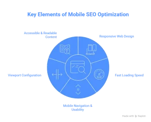 Diagram showing key elements of mobile SEO optimization for effective mobile-first indexing.
