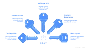 E-E-A-T Checklist diagram showing how E-E-A-T interacts with On-Page SEO, Technical SEO, Off-Page SEO, Content Experience, and User Signals to build trust and authority