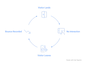 Website bounce cycle illustrating how visitors land, interact, leave, and return, emphasizing strategies to reduce bounce rate.