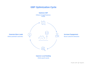 Illustration of the Google Business Profile optimization cycle showing how updates, reviews, services, and user engagement improve local SEO in Noida and boost Google Maps rankings