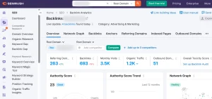 SEMrush dashboard showing referring domains vs backlinks and authority score