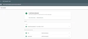 Google's Rich Results Test validating Organization and FAQ schema markup, an important element of what is entity SEO and structured data optimization.