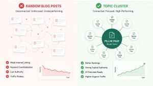 Comparison infographic showing how to build a topic cluster by transforming random blog posts into a structured content hub for higher rankings, topical authority, AI visibility, and organic traffic.