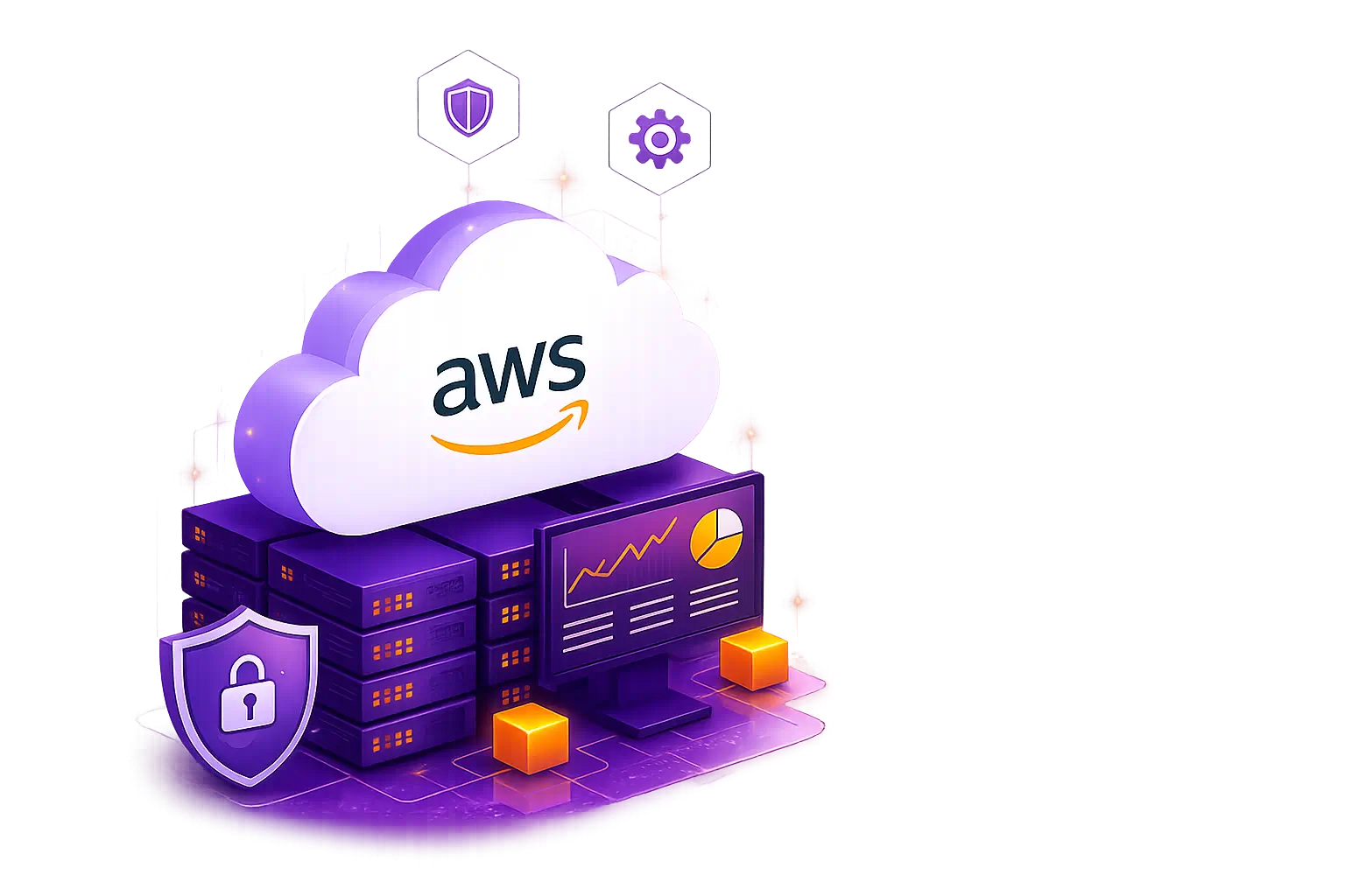 AWS cloud infrastructure illustration with security and monitoring icons