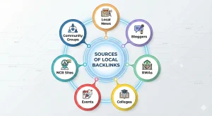 Diagram showing major sources of local backlinks such as news sites, bloggers, RWAs, colleges, events, NCR platforms, and community groups, used to strengthen authority and improve local SEO in Noida.