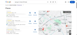 Google search results screenshot showing the local map pack for best gym in Sector 50 Noida, illustrating how local SEO in Noida influences Google Maps visibility