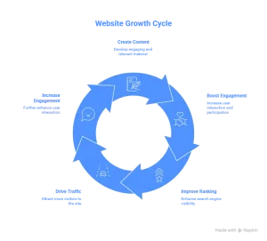 Advanced on-page SEO growth cycle diagram illustrating how content, engagement, rankings, and traffic form a continuous improvement loop.