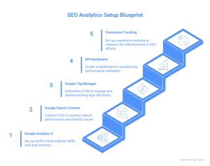 SEO analytics setup blueprint showing how common SEO errors can be identified using GA4, Search Console, Tag Manager, and conversion tracking