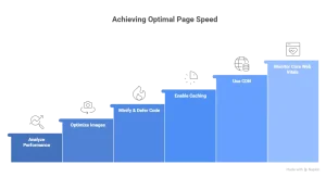 Page speed optimization workflow showing step-by-step process from performance analysis to monitoring Core Web Vitals