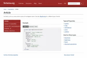 Schema.org Article documentation page explaining properties and JSON-LD example used in structured data in SEO implementation.