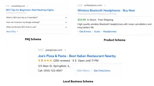 Example of structured data in SEO showing FAQ schema, product schema, and local business schema displayed as rich results in Google search.