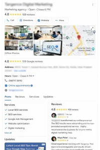 Google Business Profile Optimization example showing photos services reviews address and posts