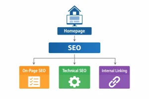 Website hierarchy diagram illustrating silo structure SEO from homepage to SEO category and subtopics like on-page SEO, technical SEO, and internal linking.