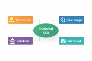 Technical SEO keyword cluster mindmap demonstrating silo structure SEO with XML sitemap, crawl budget, robots.txt, and site speed subtopics.