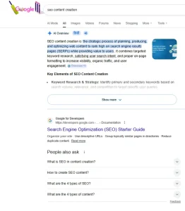 Google search results for seo content creation showing AI overview, top ranking pages and people also ask section