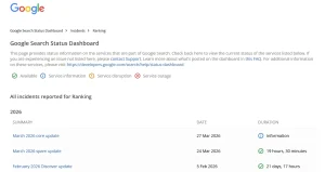 Google March 2026 Spam Update shown on Google Search Status Dashboard with rollout duration details