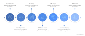 Keyword tracking framework showing keyword selection, intent segmentation, SERP tracking, CTR analysis and optimization process