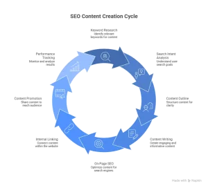 infographic showing the seo content creation process including keyword research, content writing, on page optimization and performance tracking