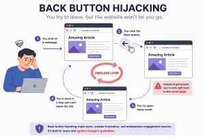 What Is Back Button Hijacking – diagram showing user stuck in endless browser back button loop