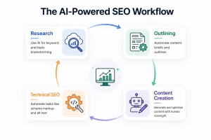 Agentic AI SEO workflow illustrating research, outlining, content creation, and technical SEO process loop