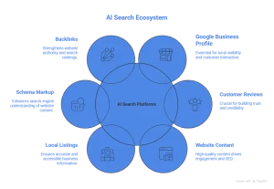 AI visibility in Mumbai ecosystem diagram showing how Google AI, ChatGPT, reviews, websites, and listings influence AI search results