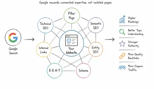 How to Build Topical Authority using pillar pages, semantic SEO, internal linking, E-E-A-T, and schema to strengthen website authority.