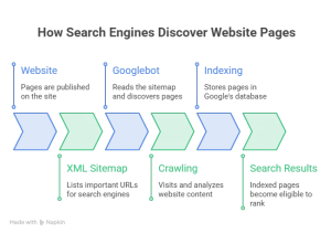 How to Create an XML Sitemap: Best Practices for Faster Indexing in 2026 1 How to create an XML sitemap infographic showing the process of website discovery by search engines, from website pages to XML sitemap, Googlebot crawling, indexing, and search results.