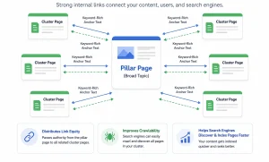 How to Build a Topic Cluster from Scratch: A Step-by-Step Guide for Digital Marketers 2 Diagram showing how to build a topic cluster using bidirectional internal linking between a pillar page and cluster pages to improve crawlability, link equity, and search engine indexing.