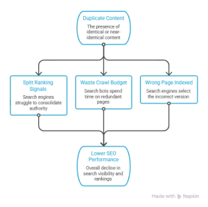How to Fix Duplicate Content: Canonical Tags, URL Parameters & Redirects 1 How to fix duplicate content flowchart showing how duplicate URLs split ranking signals, waste crawl budget, and lower SEO performance.